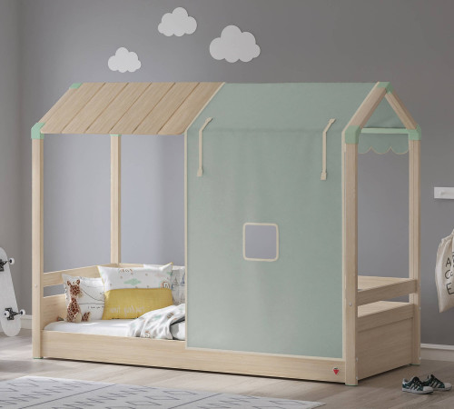Detská posteľ- domček 2 MONTES NATURAL (drevená+látková strecha) zelená