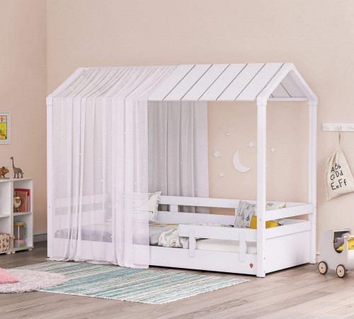 Detská posteľ- domček 2 MONTES WHITE (drevená+látková strecha) s baldachýnom