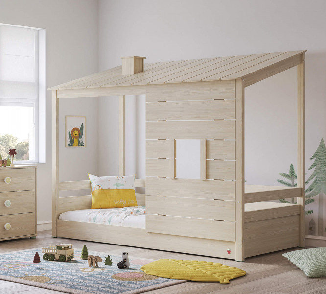 detail Detská posteľ- domček 3 MONTES NATURAL (komín+panel s oknom)