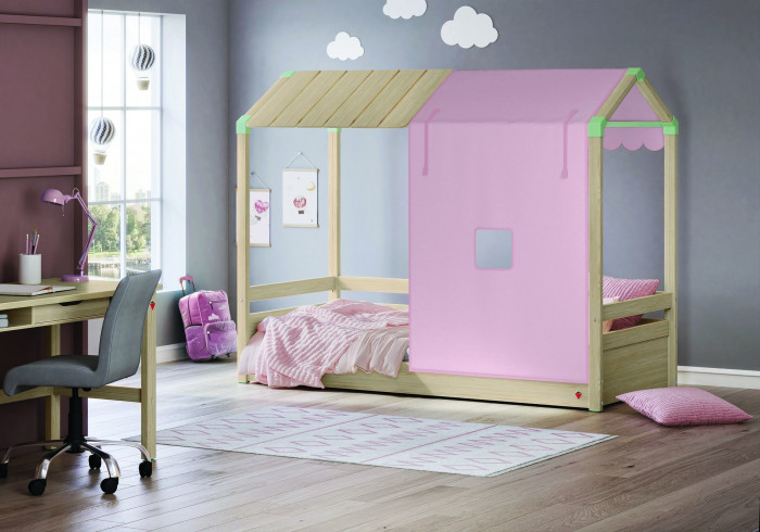 detail Detská posteľ- domček 2 MONTES NATURAL (drevená+látková strecha) ružová