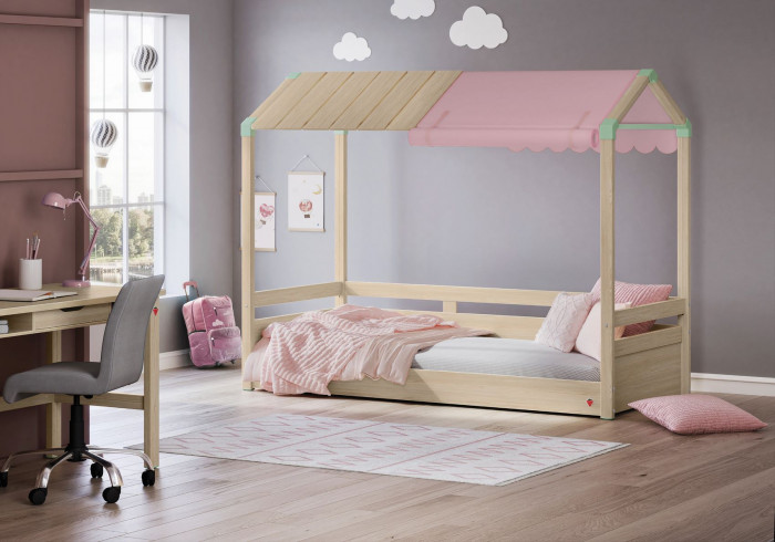 detail Detská posteľ- domček 2 MONTES NATURAL (drevená+látková strecha) ružová