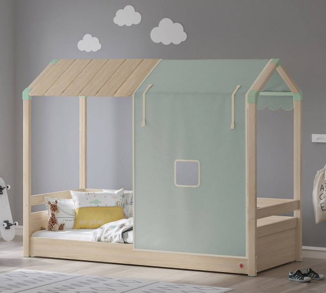 detail Detská posteľ- domček 2 MONTES NATURAL (drevená+látková strecha) zelená