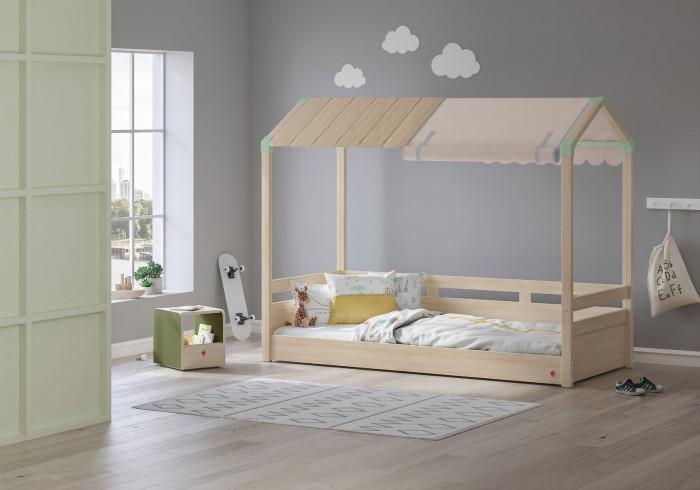 detail Detská posteľ- domček 2 MONTES NATURAL (drevená+látková strecha) krémová