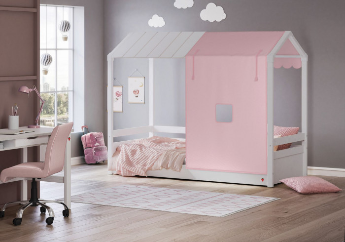 detail Detská posteľ- domček 2 MONTES WHITE (drevená+látková strecha) ružová