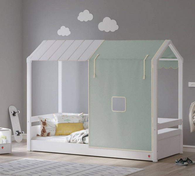detail Detská posteľ- domček 2 MONTES WHITE (drevená+látková strecha) zelená